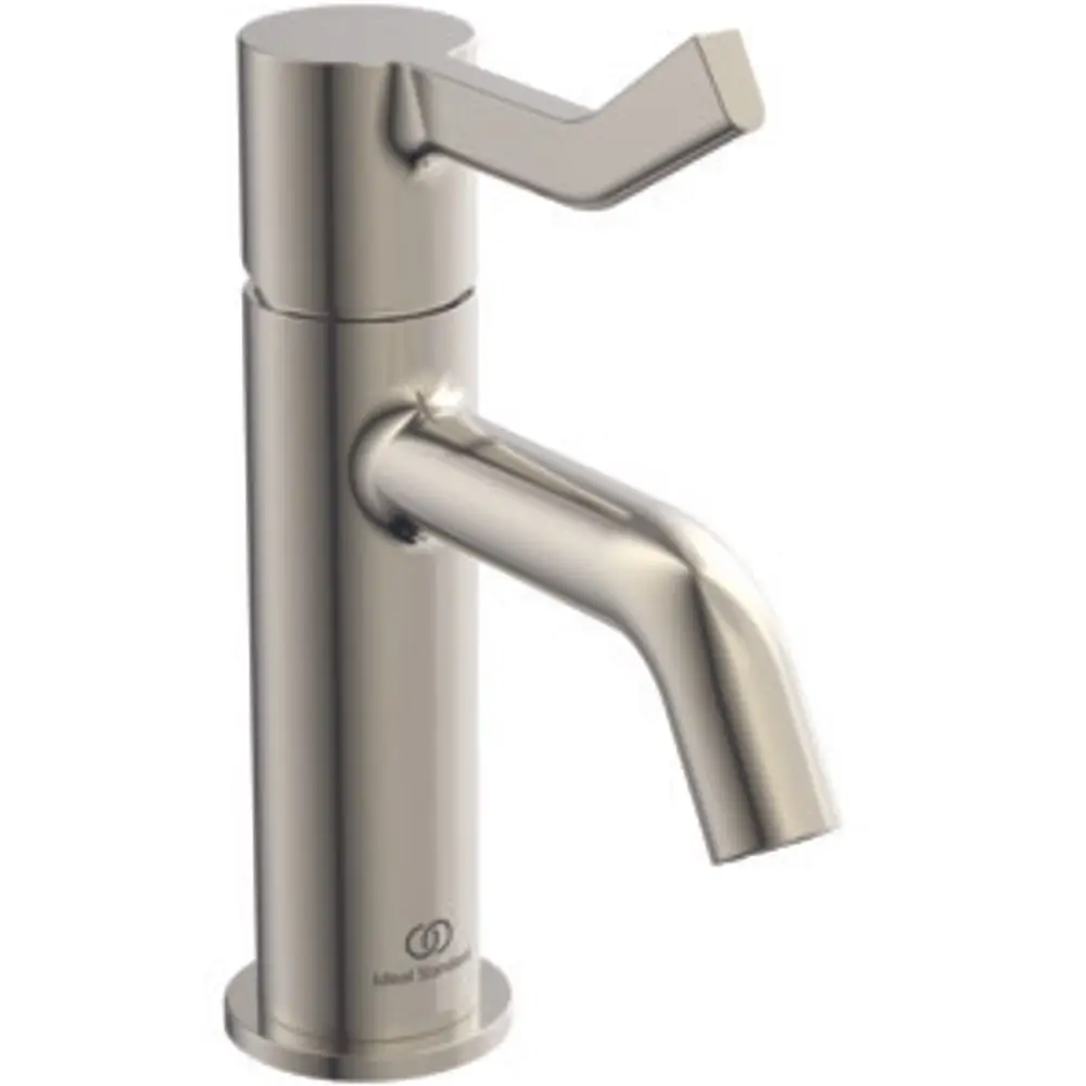 Wascharmatur in silberner Ausführung von Ideal Standard mit einer langen Bedienhebel und einem gebogenen Auslauf, geeignet für moderne Badezimmer.